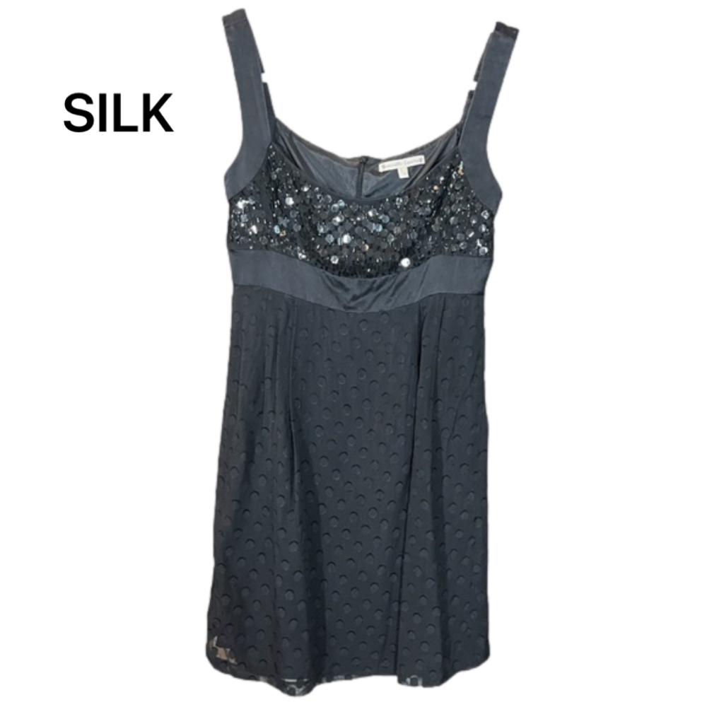 Nanette Lepore Vintage Y2K 90s 2000s SILK Black Sequins Mini Dress Sheer Overlay